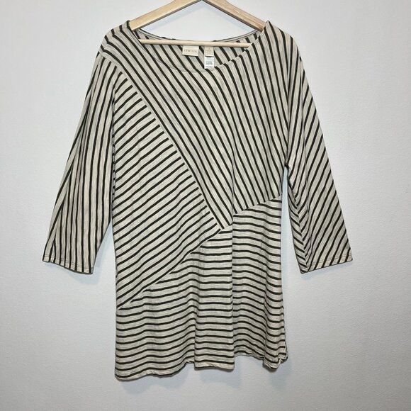 Chicos Tops - CHICOS 2 Top Size Large Striped Stretch Tunic Green White Long Sleeve Cotton